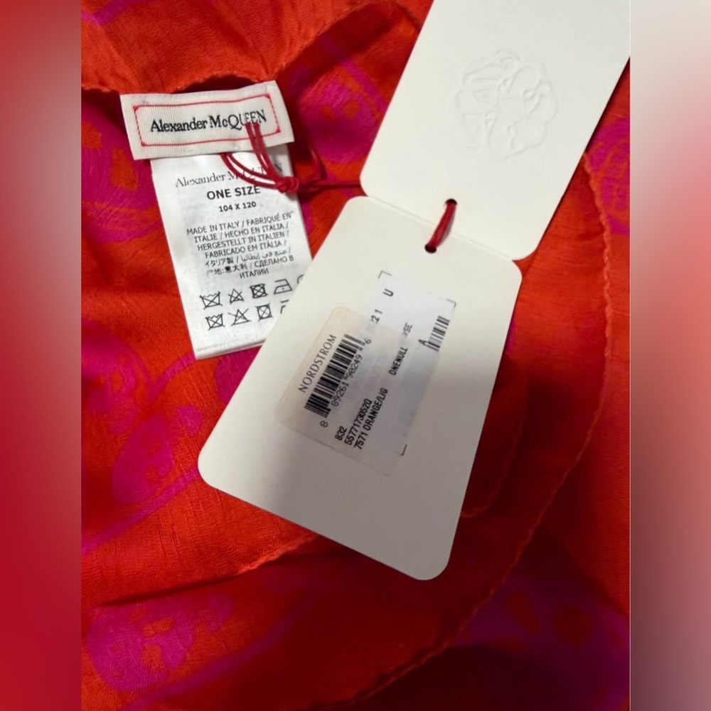 Authentic NEW Alexander McQueen Skull Motif Silk Scarf Bright Orange & Pink - Picture 7 of 9